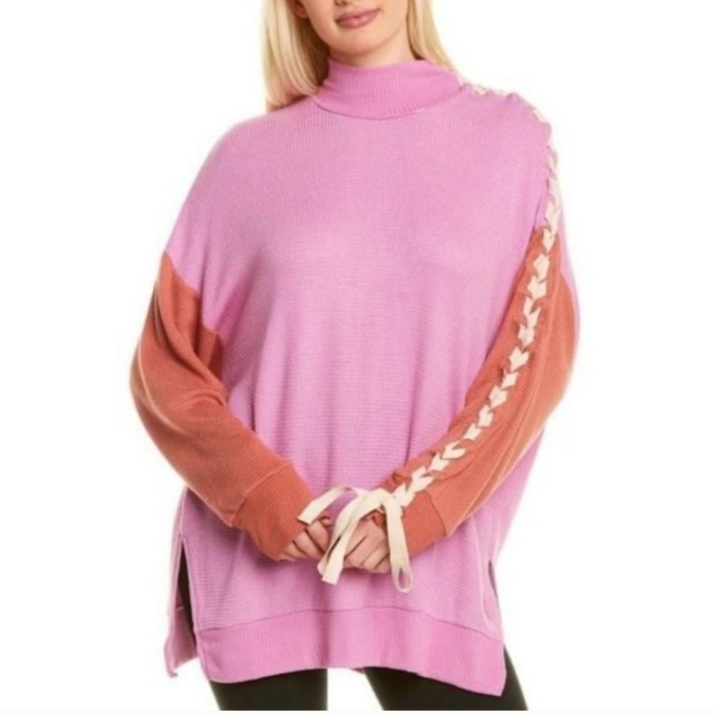 Free People Show Drift Lace Up Waffle Knit Sweater Tunic Size Small